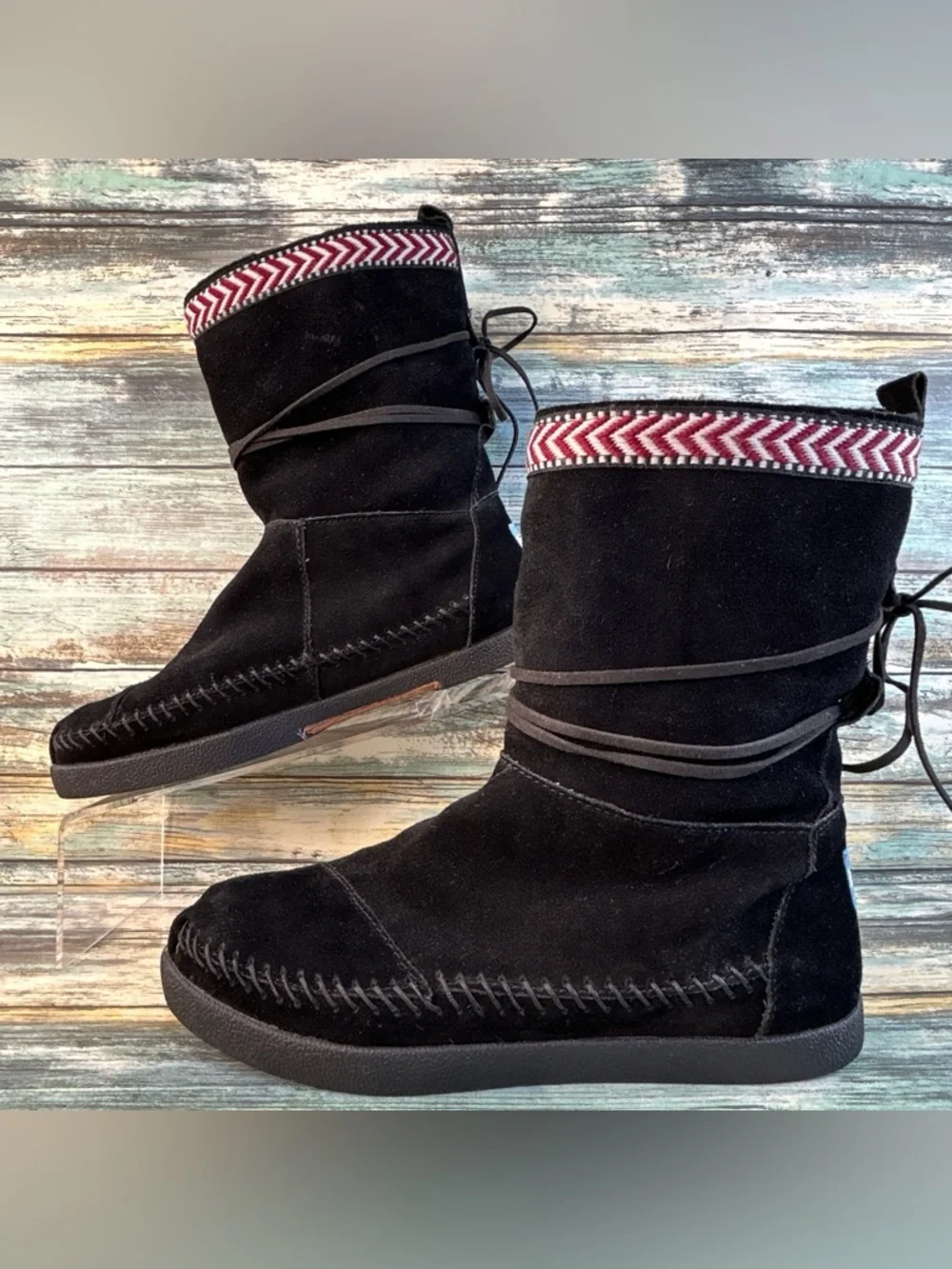 TOMS Nepal Mid Calf Boots Womens 7.5 Black Suede Pull On Faux Fur Boho Comfort